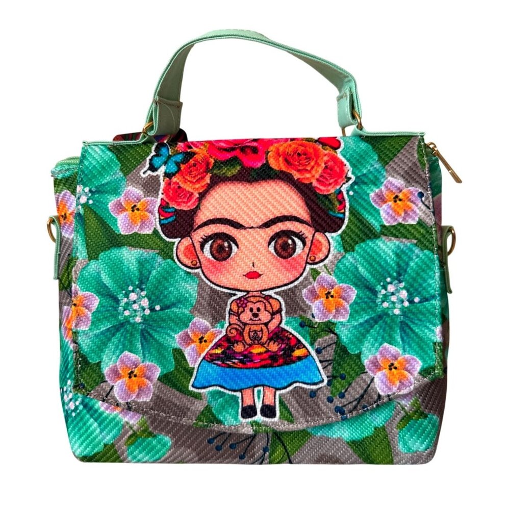 Frida Kahlo floral versatile 3 in 1 messenger handbag in aqua green women medium